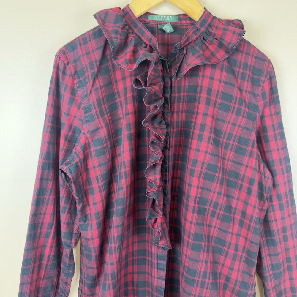 Lauren Ralph Lauren Buffalo Plaid Ruffle Shirt Top Long Sleeve Women’s Size L - Picture 2 of 13